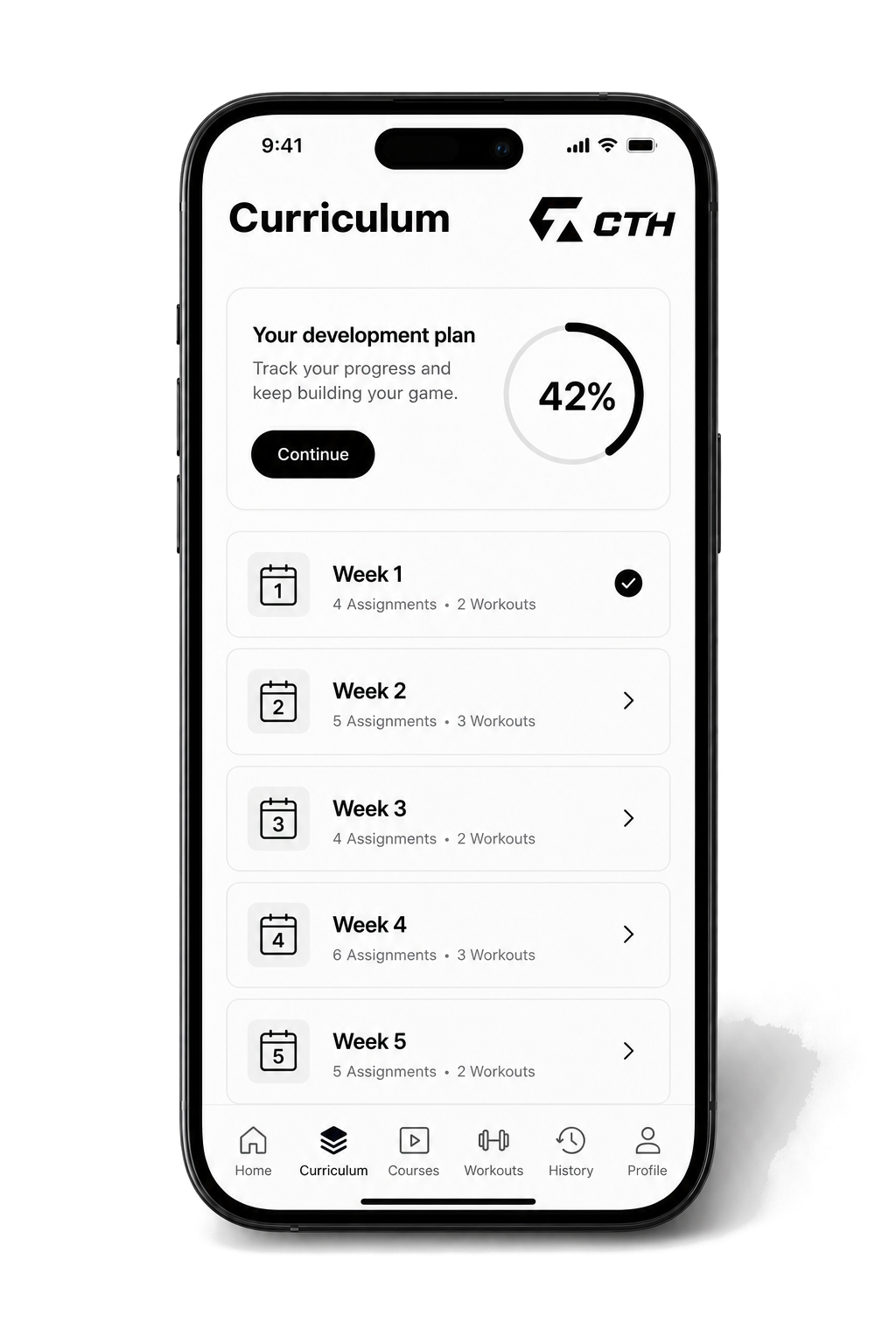 The CTH Skills Academy weekly curriculum displayed on a phone